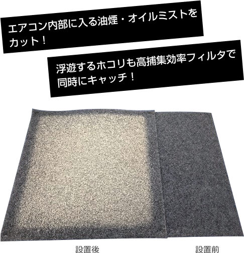 エアコン内部に入る油煙・オイルミストをカット！浮遊するホコリも高捕集効率フィルタで同時にキャッチ！